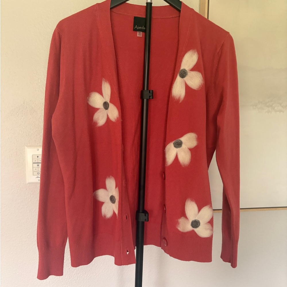 AVEDA Coral Red Floral Button Cardigan